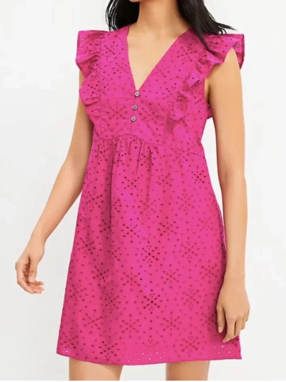 LOFT Cotton Fuchsia Eyelet Ruffle Sleeve Dress, size Large Petite